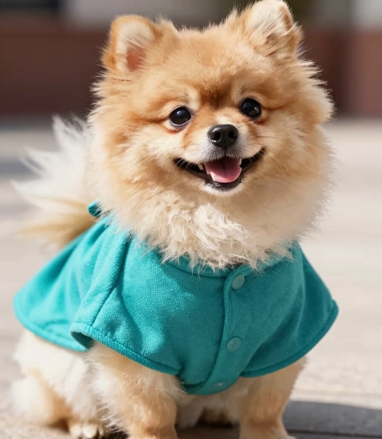 A happy fluffy Pomeranian wearing a bright teal custom-tailored Mexican poncho, bright warm natural daylight, eye-level portrait, shallow depth of field, 50mm lens