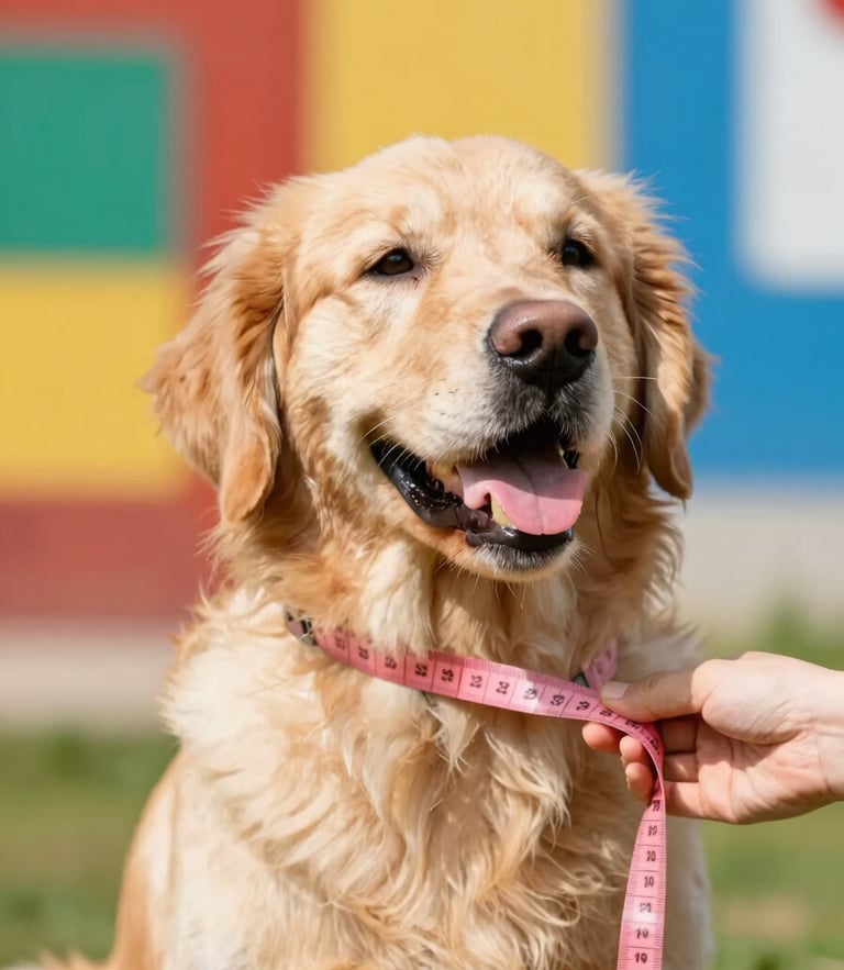 Bright warm daylight photo of a happy golden retriever being measured gently with a soft pink tape measure, shallow depth of field, vibrant colorful background