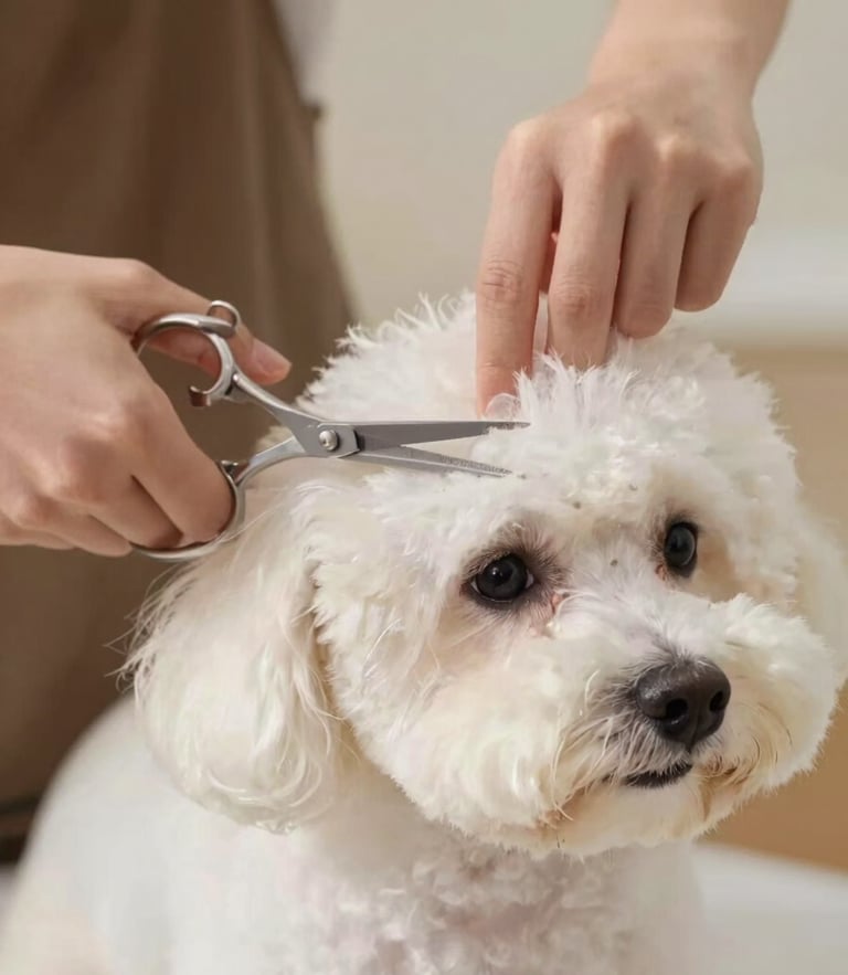 Close-up of professional groomer hands gently styling a clean, fluffy white dog with scissors, warm natural daylight, shallow depth of field