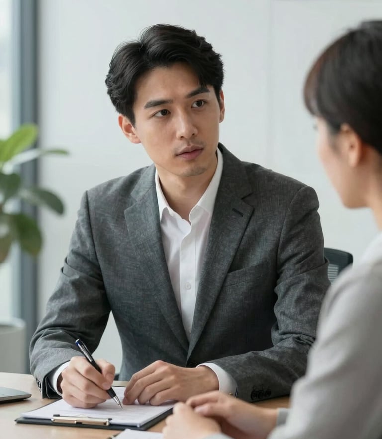 An East Asian professional migration agent in a charcoal grey suit having a focused consultation with a client in a modern, minimalist office setting, soft natural lighting, high-end professional photography style.