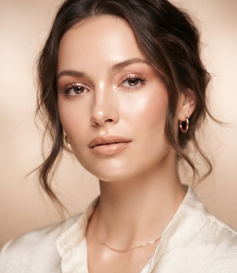 Close-up elegant portrait of a model with luminous skin, warm diffused studio lighting, soft rose gold highlights, shallow depth of field, Bodoni aesthetic