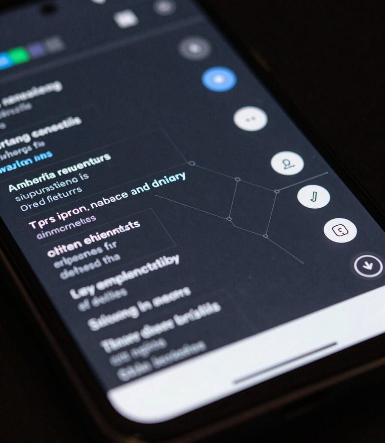 A close-up macro shot of an Android device screen showing a highly legible wireframe interface with high-contrast UI elements, cool-toned studio lighting