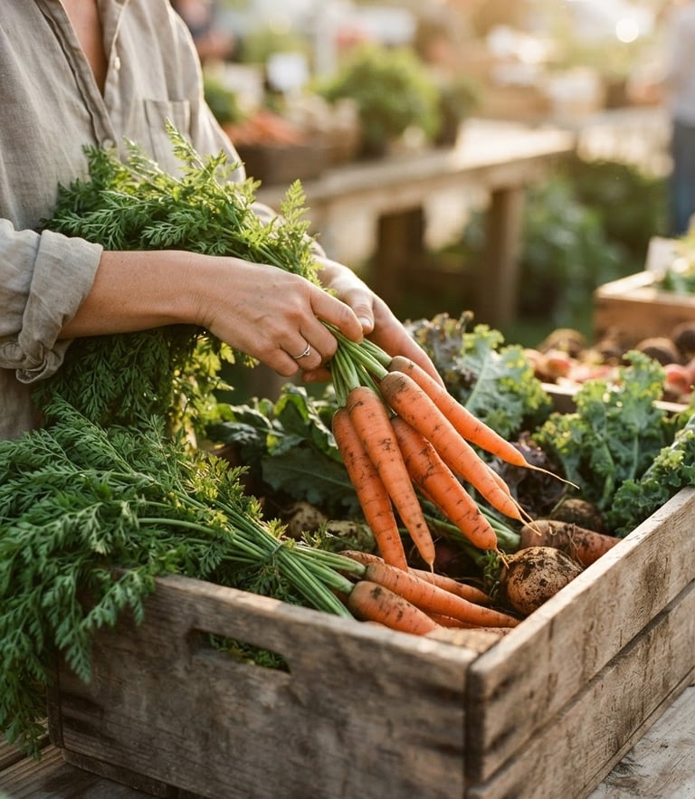 Close-up of hands placing fresh organic carrots and leafy greens into a wooden crate, warm natural golden-hour daylight, shallow depth of field, 35mm film style.