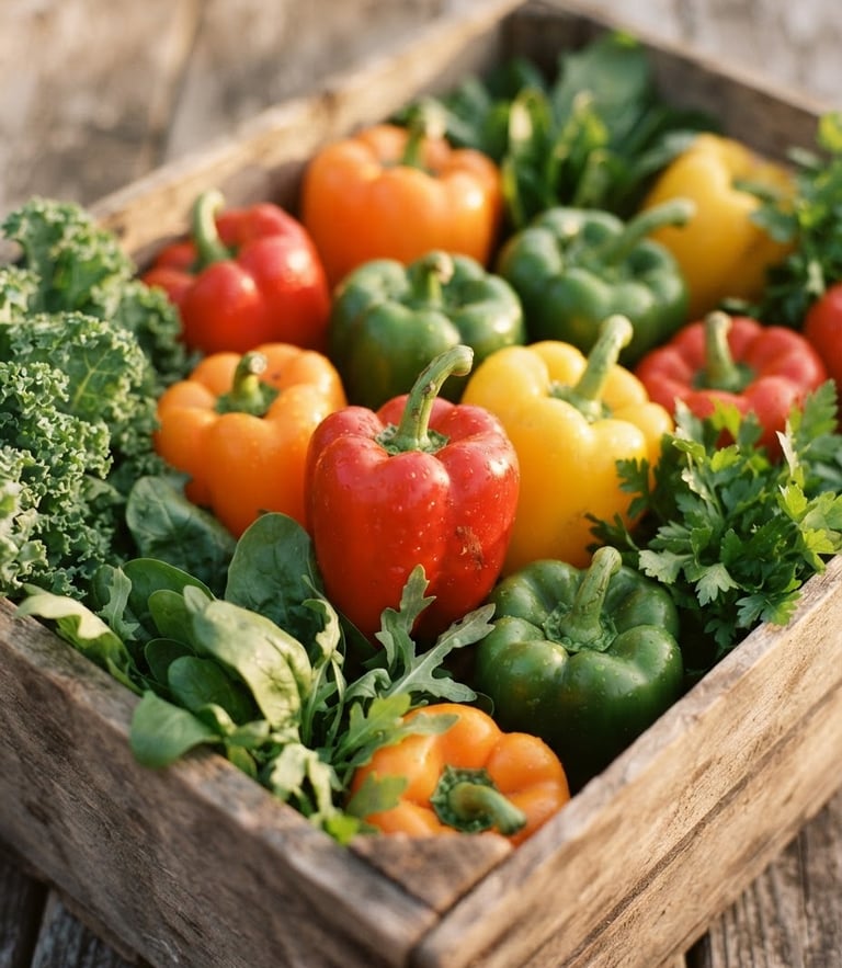 A bright, close-up shot of fresh colorful bell peppers and greens in an open wooden crate, natural daylight, soft focus