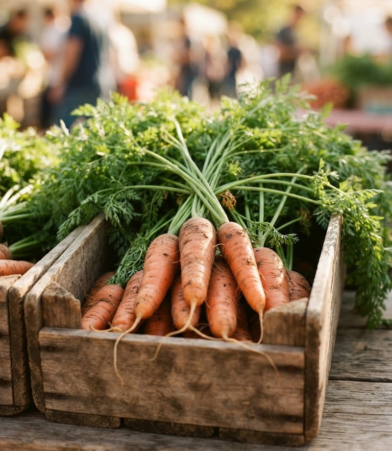 Close-up of fresh organic carrots and leafy greens in a wooden crate, warm natural golden-hour daylight, shallow depth of field