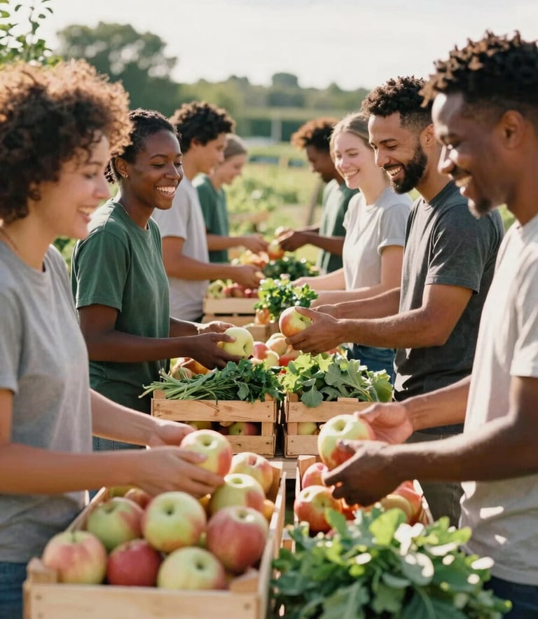 A group of diverse volunteers laughing and packing wooden crates with fresh apples and greens outdoors, bright natural daylight, warm editorial style, 35mm film.