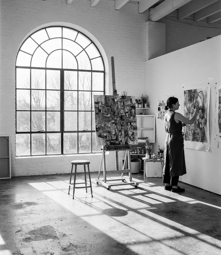 A stark, high-contrast black and white photograph of an art studio with natural light streaming through a large arched window, casting long shadows on clean concrete floors.