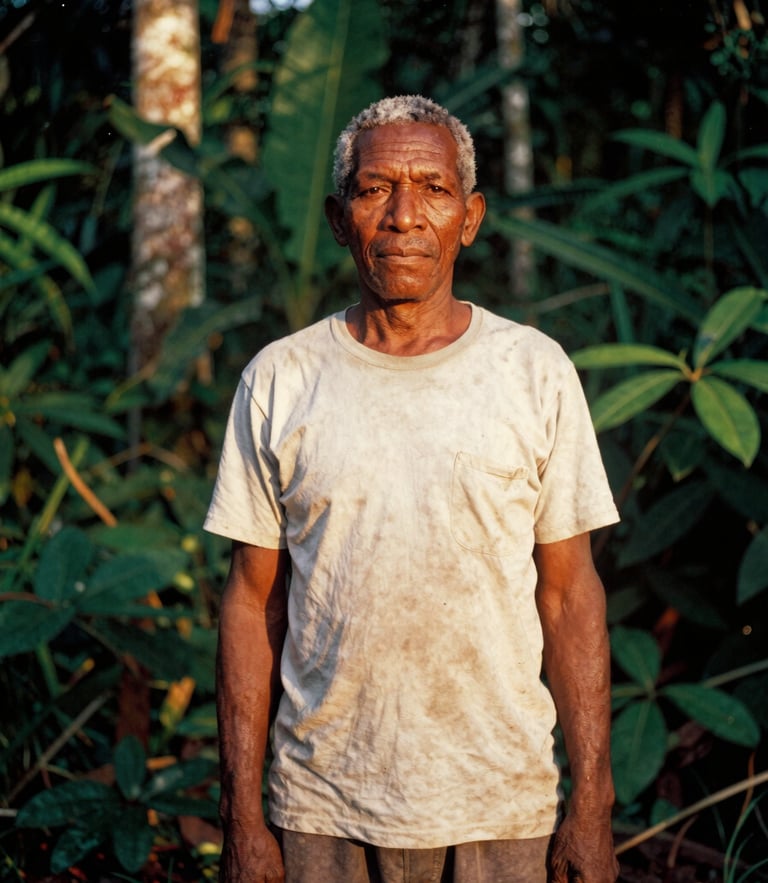 Dignified environmental portrait of an Afro-descendant community leader standing proudly in a lush tropical forest, warm golden hour light, medium format film, rich earthy tones