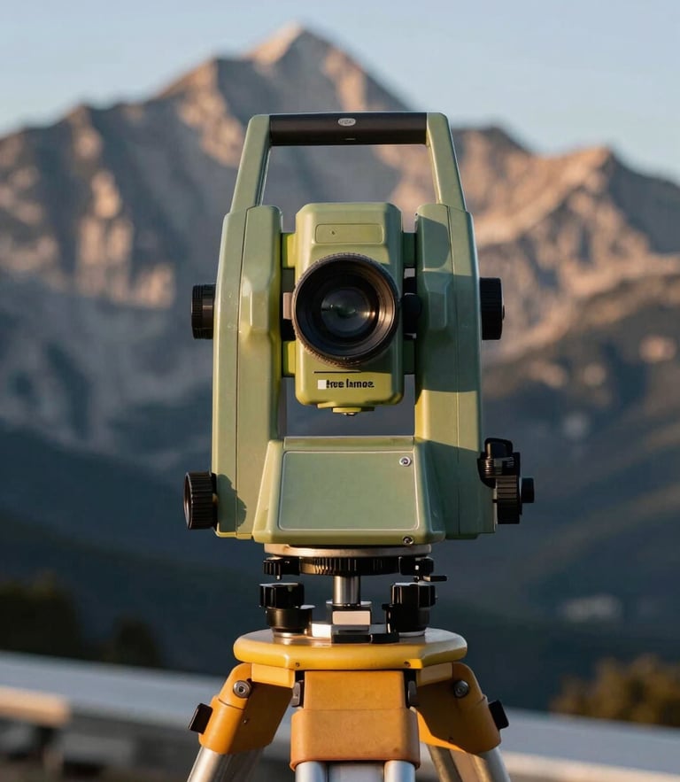 Vue rapprochée d'un théodolite de précision sur trépied, orienté vers le massif du Canigou sous la lumière tranchante du matin, lignes de crête nettes.