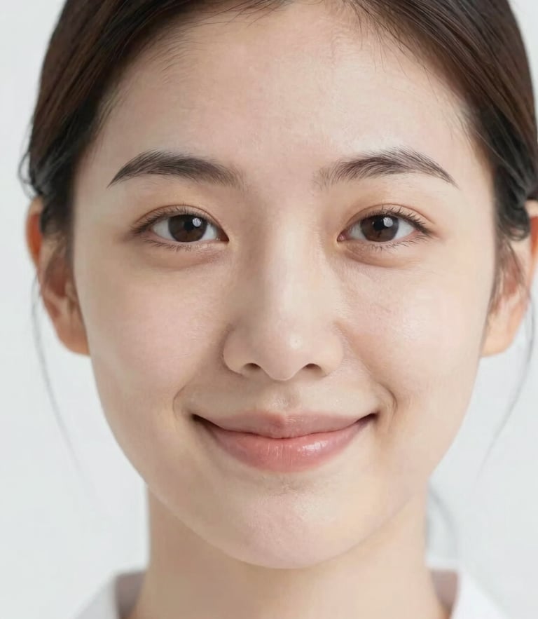 Clinical daylight portrait of a person with clear, healthy skin smiling, soft natural lighting, sterile white background, macro depth of field