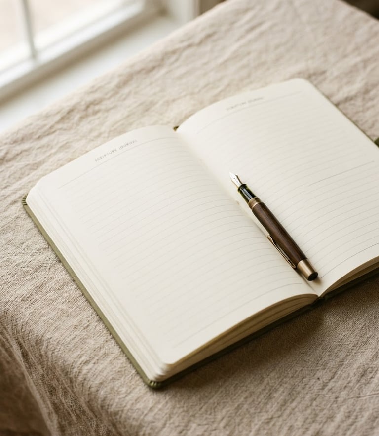 An open scripture journal on a textured linen tablecloth, soft morning light casting gentle shadows, a fountain pen resting in the margin.
