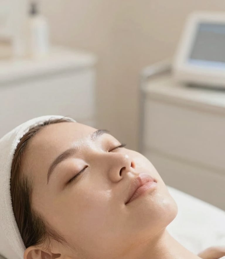 Close-up of clean healthy skin with soft natural daylight, warm neutral tones, elegant minimalist clinic background, shallow depth of field, 35mm
