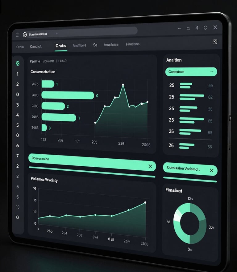 A dark, high-fidelity UI/UX wireframe of an analytics dashboard with crisp mint-green accents showing conversion metrics and pipeline velocity under dramatic studio lighting.