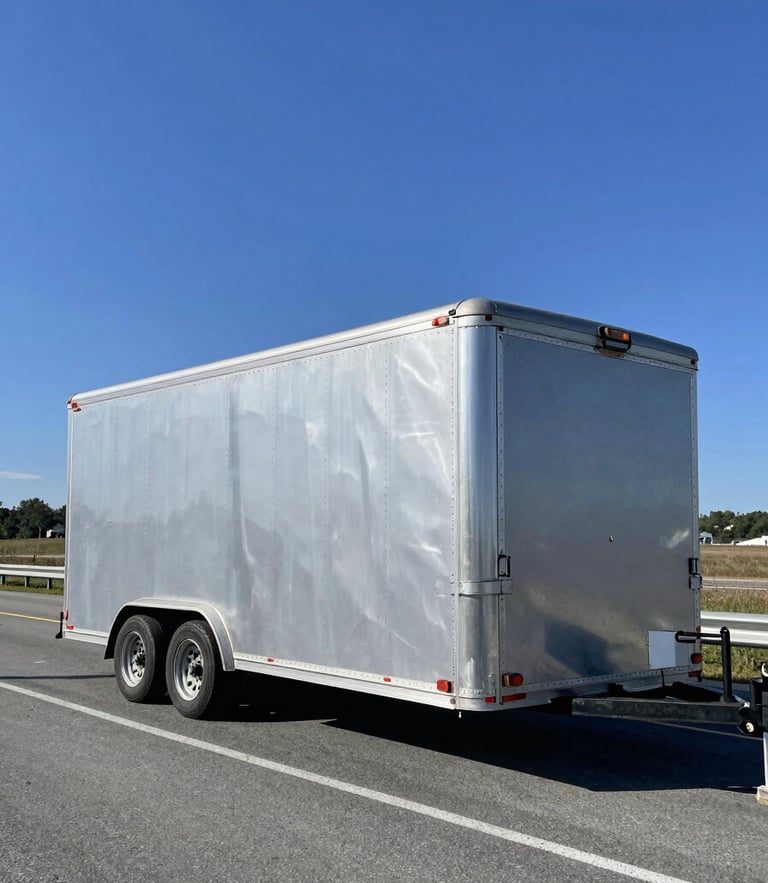 A clean enclosed transport trailer parked on a bright Minnesota highway, polished silver accents, crisp daylight reflection