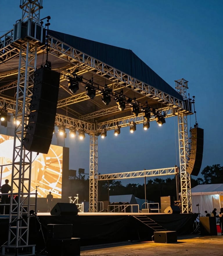 Wide environmental dramatic event photography of a massive aluminum stage truss structure at dusk, high-end line array speakers hanging, high-contrast concert lighting, deep shadows, 35mm