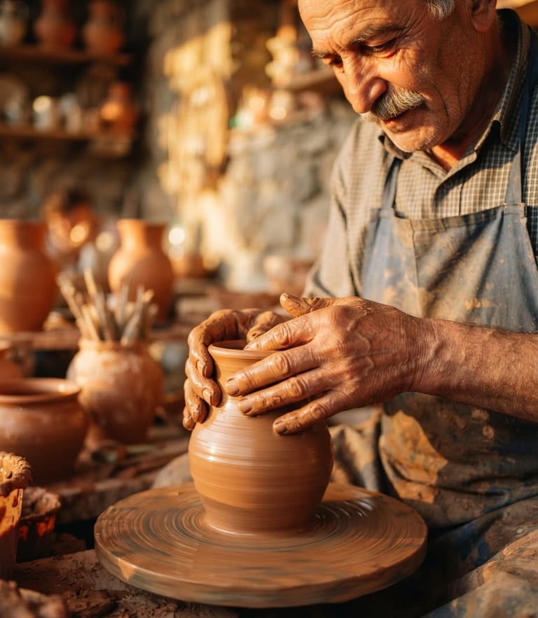 Close-up portrait of an elderly Armenian potter in Yerevan, warm golden-hour side-light illuminating clay-covered hands molding a terracotta vase, shallow depth of field