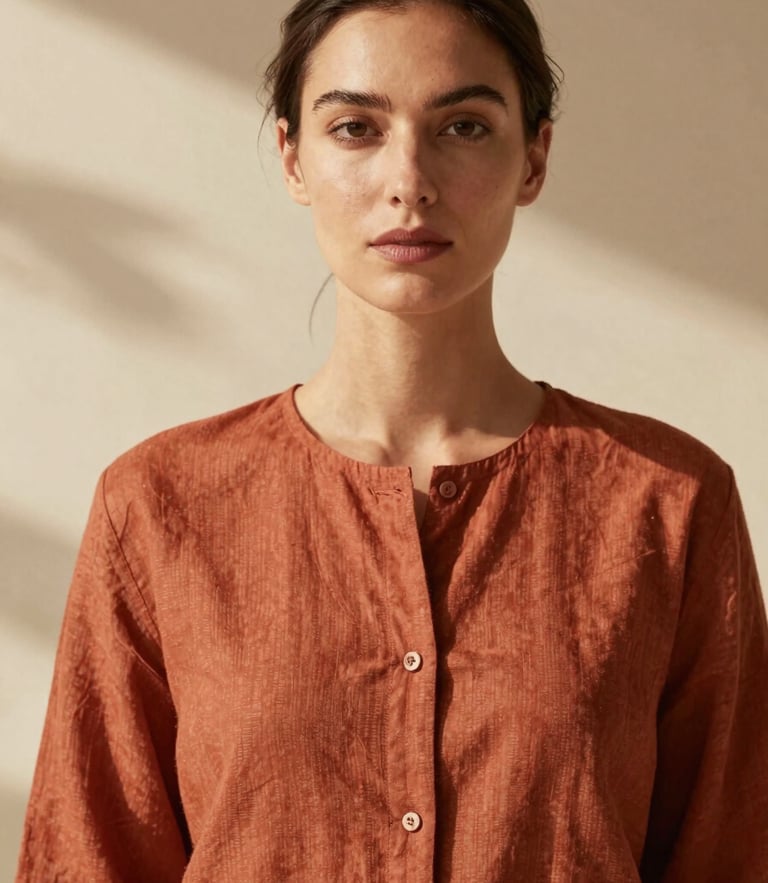 Editorial portrait of a sophisticated woman in a terracotta linen tunic, warm natural sunlight, soft directional shadows, 35mm film aesthetic