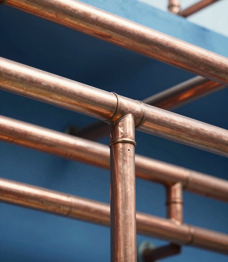 Medium close-up of immaculate copper piping routed with clean parallel lines, bright natural light, crisp industrial blue and copper tones, 35mm