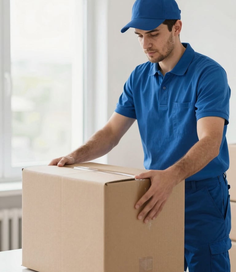 Professional moving crew member in a clean blue uniform neatly packing a structured cardboard box in a bright, sunlit room, 35mm photography
