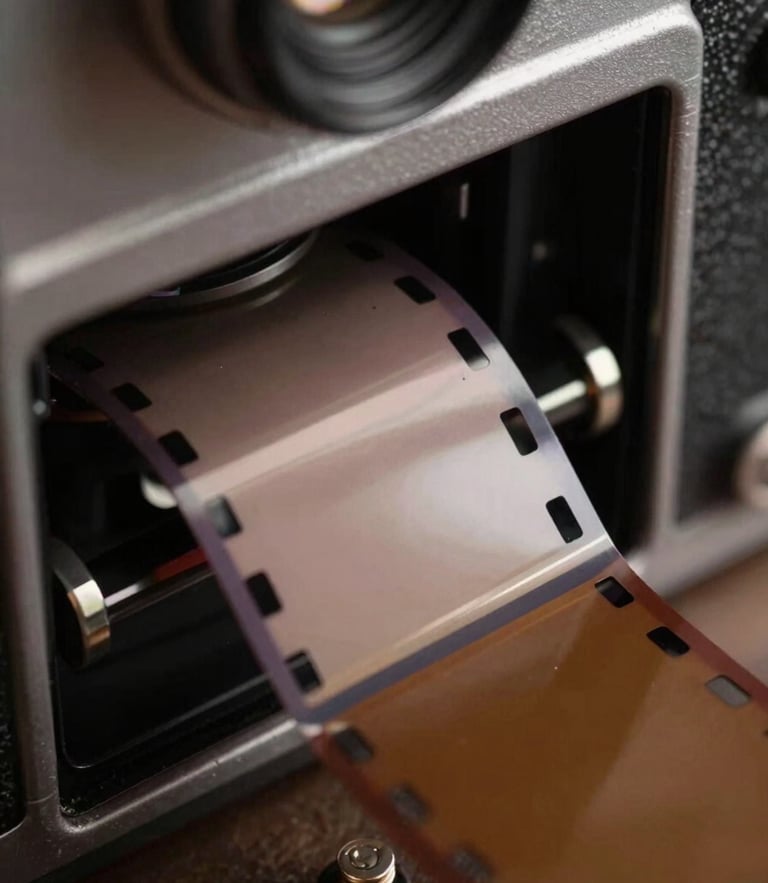 Macro close-up of physical film stock running through a camera gate, harsh set-light spill, dramatic shadows.