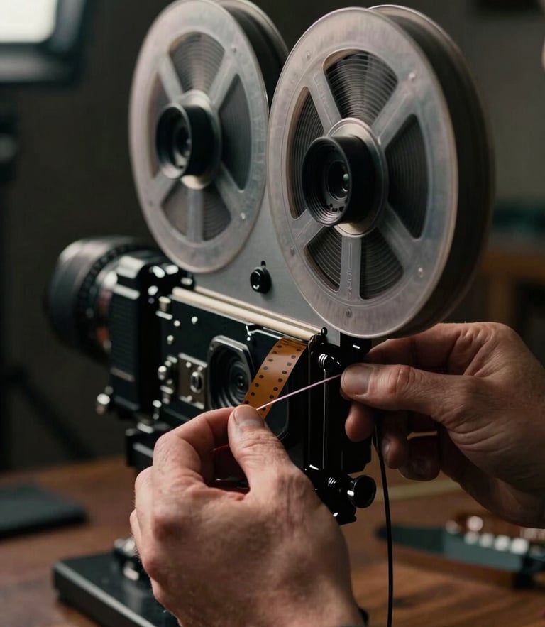 Extreme close-up of a director's hands threading raw 16mm film stock into an analog camera, low-key dramatic lighting with harsh set-light spills, high-contrast shadows.