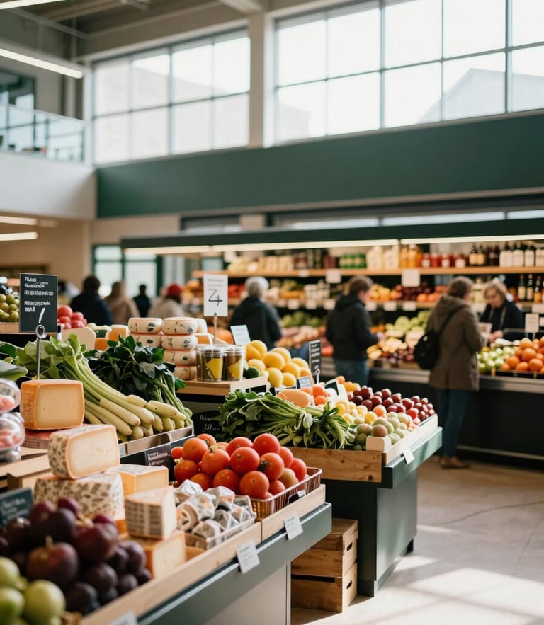 A vibrant modern food market hall filled with natural light, colorful produce stalls, artisanal cheese displays, and people browsing in the background, warm editorial photography, 35mm.