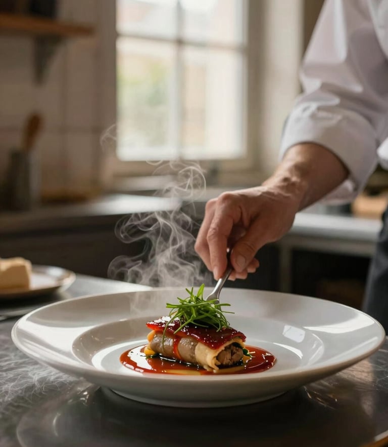 Candid close-up of a chef plating a dish in a warm, window-lit kitchen, steam rising, shallow depth of field, 35mm style.