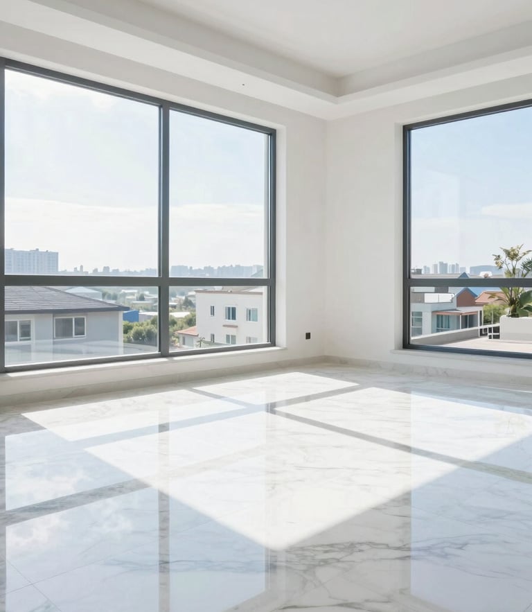 Bright high-key interior photography of a modern living room with pristine marble floors reflecting natural daylight from large windows, sharp focus, architectural style