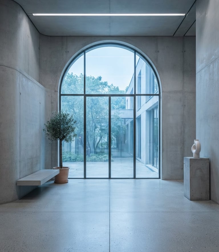 A minimalist architectural interior with clean concrete lines and soft morning light streaming through a tall arch window, cool blue tones, 50mm