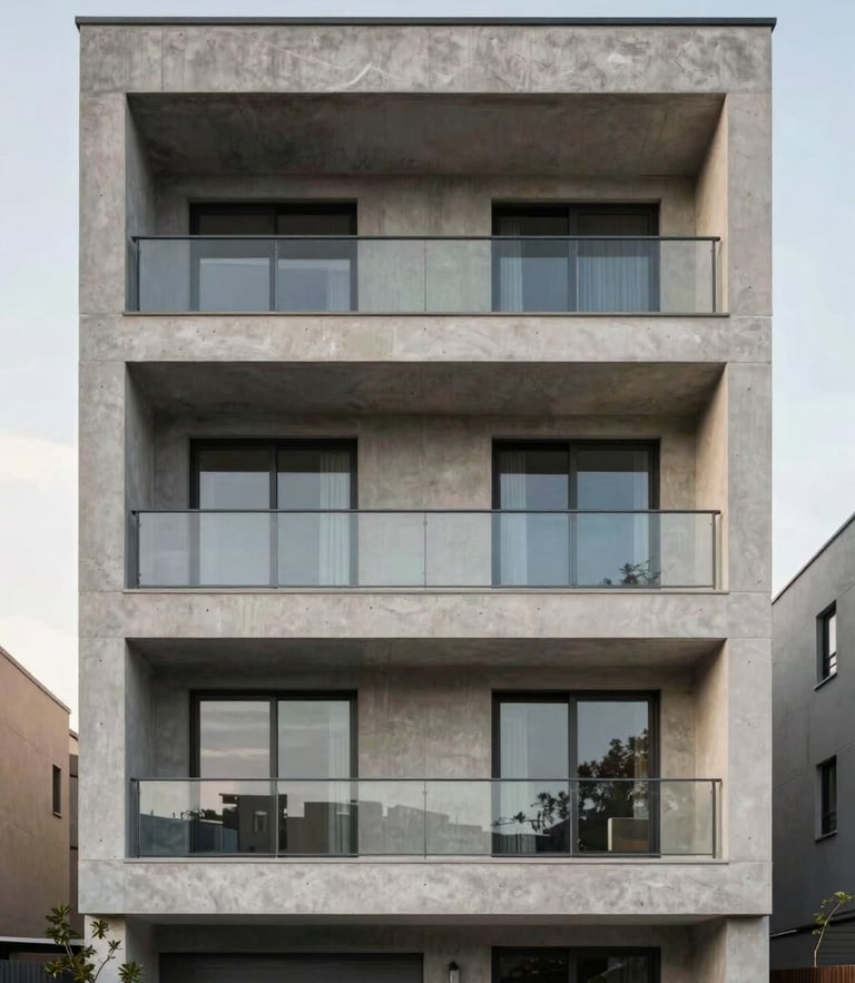 Straight-on architectural elevation of a modern concrete and Portuguese limestone residential facade, soft morning overcast light, clean lines.