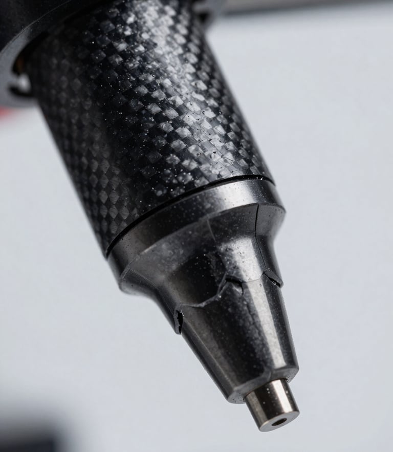 Macro photograph of a high-performance 3D printer nozzle extruding black carbon fiber filament, showing precise layer resolution and distinct structural texture under clean, directional studio lighting.