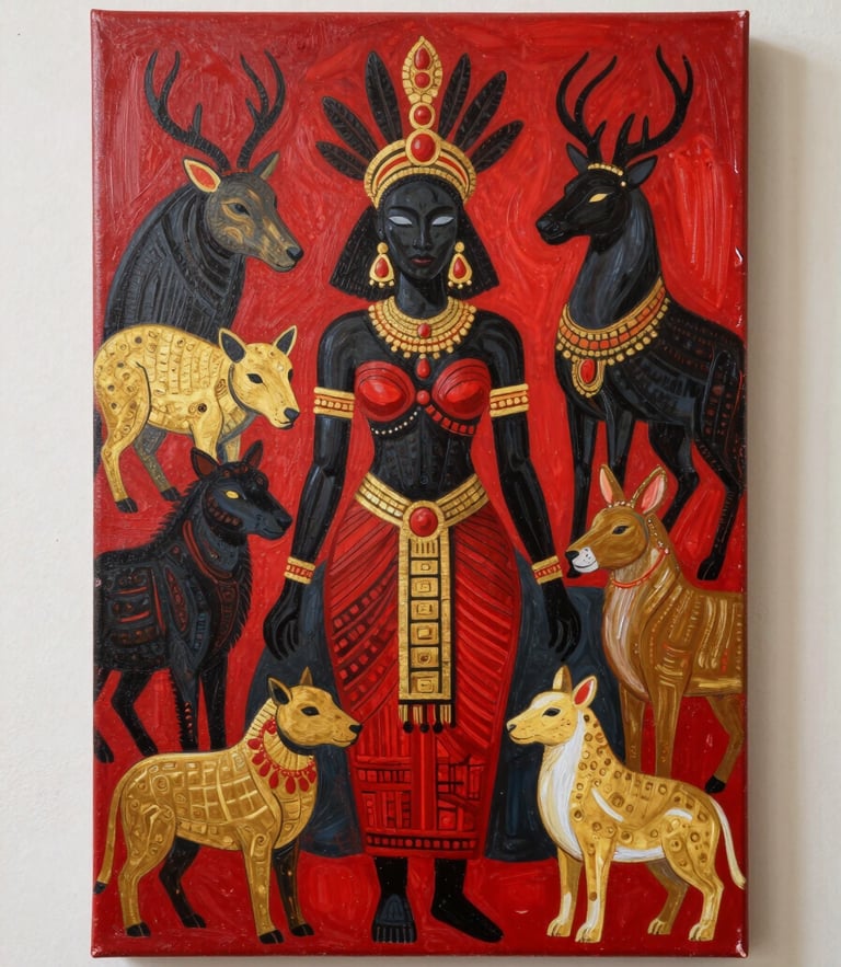 A straight-on high-resolution fine art photograph of a vibrant painting by Magule Wango. The artwork features a powerful African goddess surrounded by sacred animals, painted with rich, highly saturated red, gold, and charcoal pigments. Detailed canvas texture and visible brushstrokes are illuminated by soft, natural gallery lighting from the side.