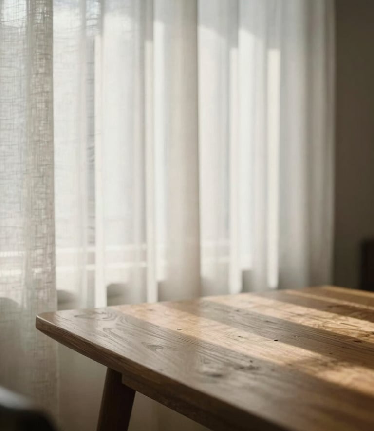 A quiet, sunlit room with a wooden table, soft morning light filtering through linen curtains, creating a sense of calm and balance.