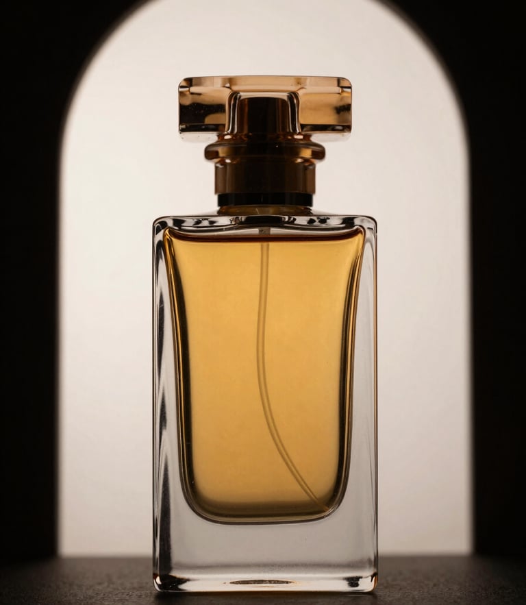 Dramatic side-lighting on a sculptural glass perfume bottle, rich amber tones, sharp glass reflections, clean arch framing, 35mm