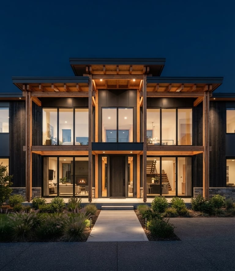 Straight-on architectural photograph of a modern residential structure with clean timber framing, crisp natural daylight, sharp focus, navy sky background