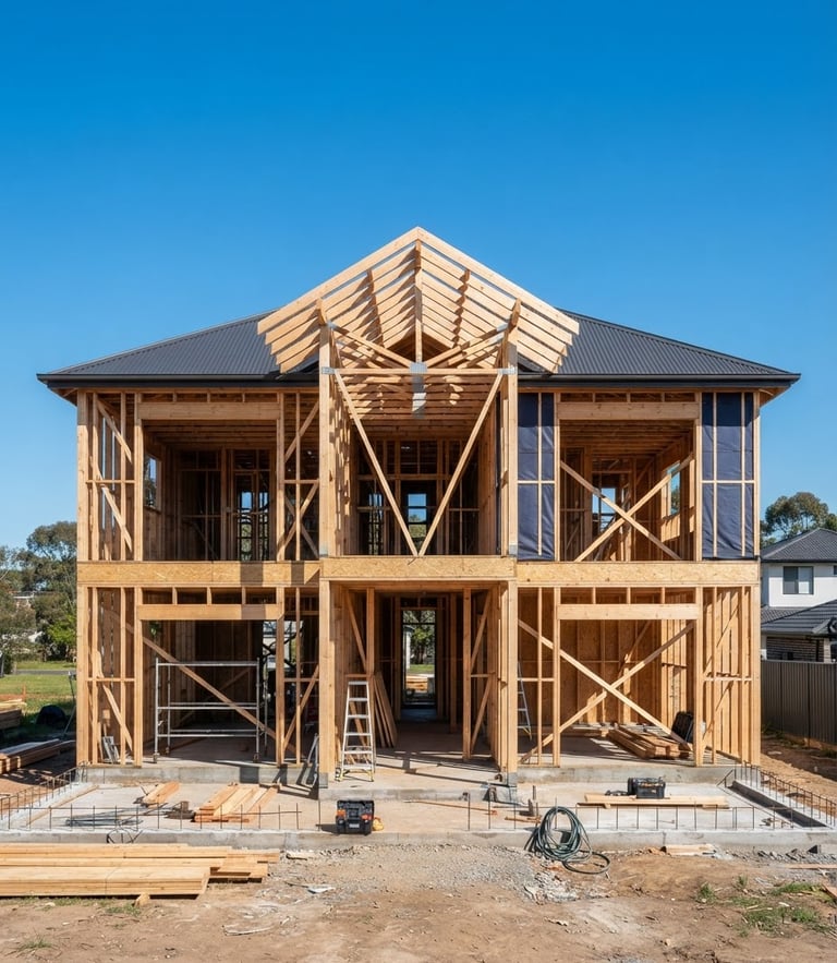 Symmetrical architectural shot of a modern home under construction, clean timber framing against a bright blue sky, crisp natural daylight