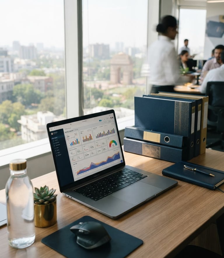 A close-up of a modern corporate desk in New Delhi with a laptop showing a marketing dashboard, structured tax compliance folders nearby, bright natural window light, 35mm.