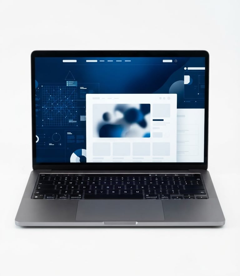 Straight-on studio mockup of a modern professional website on a sleek dark laptop, clean white background, deep blue accents, sharp focus