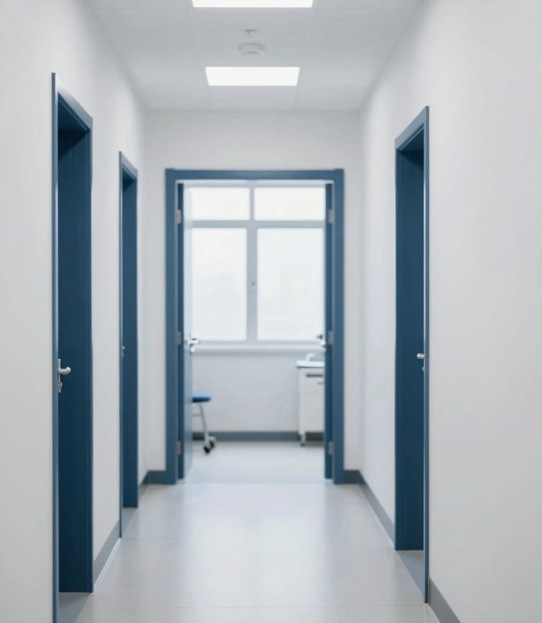 Bright clinical corridor leading to a modern orthopedic trauma suite, sterile white walls with deep slate blue accents, sharp focus, 35mm