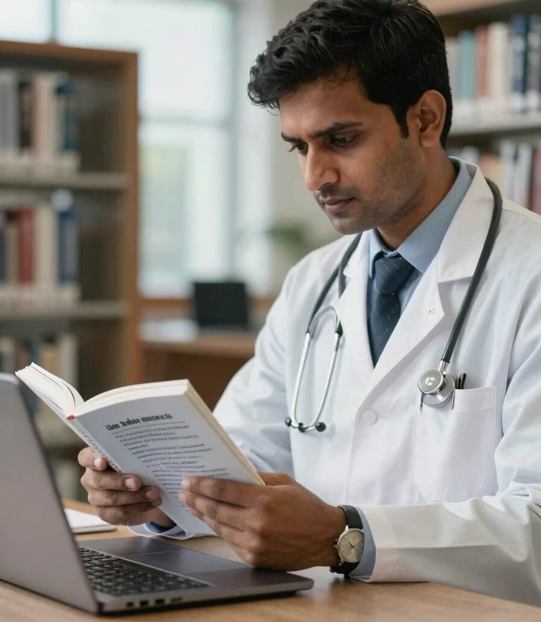 A focused Indian doctor studying German medical terminology with a textbook and laptop in a bright, modern library, cool daylight.