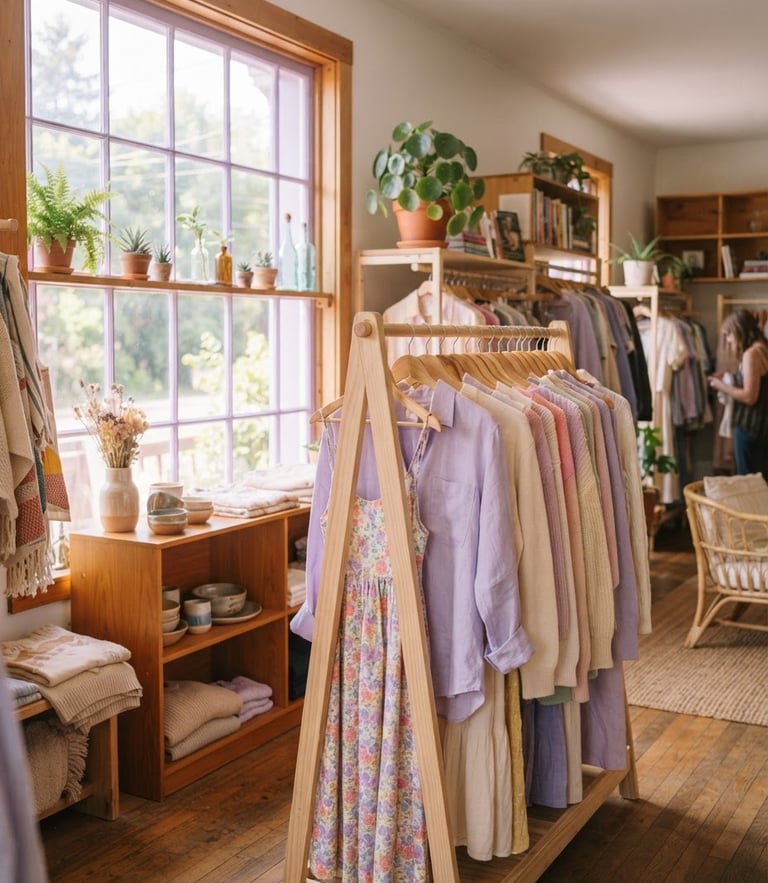 A bright, sunlit community space with neatly organized clothing racks and warm wooden shelves, soft lavender morning light streaming through a large window, 35mm