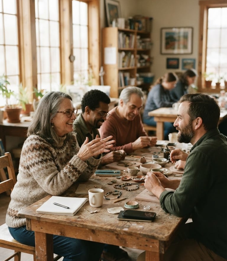 Candid medium shot of a local community center workshop, warm natural light streaming through windows, neighbors sitting around a wooden table talking, 35mm film aesthetic, shallow depth of field