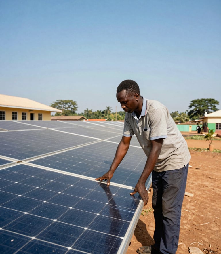 A technician adjusting solar panels on a school roof in rural Ghana, clear blue sky, wide environmental shot.
