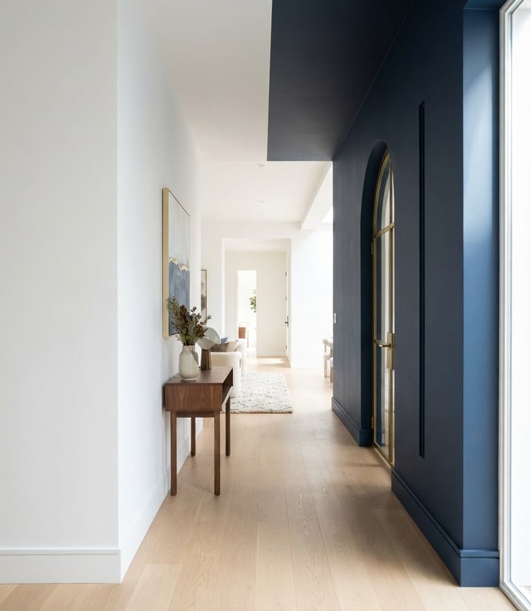 Bright architectural interior with sharp paint lines, natural daylight illuminating clean white and navy walls, high-end residential aesthetic, 35mm lens