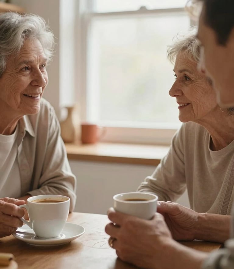 Candid medium close-up of an intergenerational pair talking over coffee in a warm kitchen, soft natural window light, warm terracotta accents, shallow depth of field.