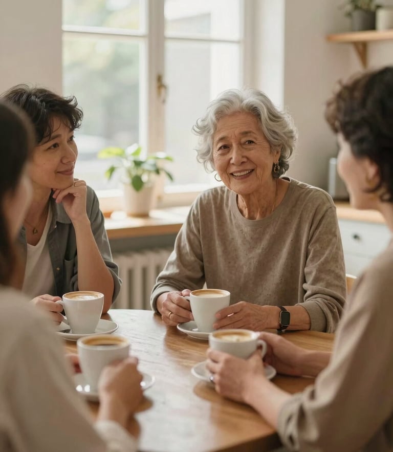 A warm, candid photo of intergenerational pairs talking over coffee in a sunlit community kitchen, soft natural window light, shallow depth of field