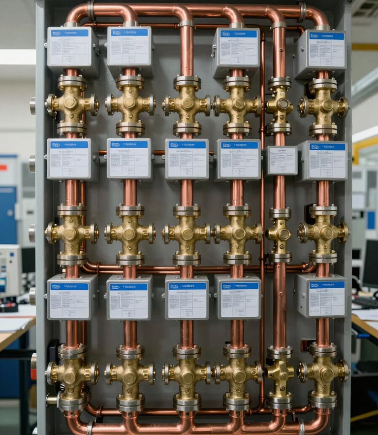Pristine, straight-on medium shot of a highly organized mechanical room. Neatly routed copper manifolds with perfectly aligned brass valves, clean blueprint-blue accent tags, bright natural lighting, sharp technical focus.