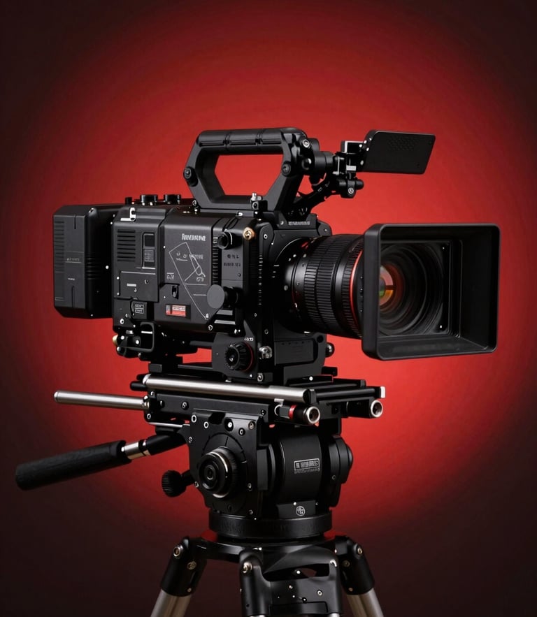 A rigged cinema camera with a matte box and follow focus, illuminated by a sharp, dramatic red backlight against a dark studio background.