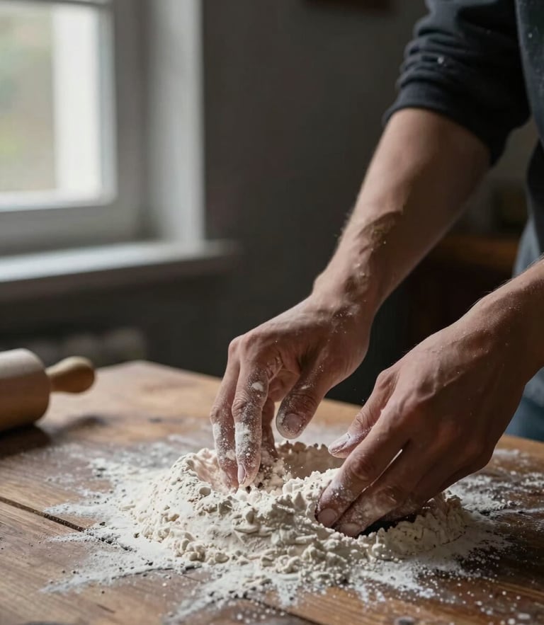 A close-up shot of hands dusting flour over a rustic wooden table, natural side light from a window, moody Scandinavian style, dark background.