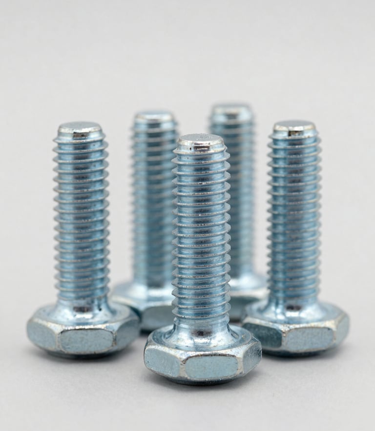 Straight-on technical close-up of heavy-duty industrial fasteners, bright clean studio lighting, neutral grey background, sharp focus, 50mm lens, showcasing thread-count precision of steel bolts.